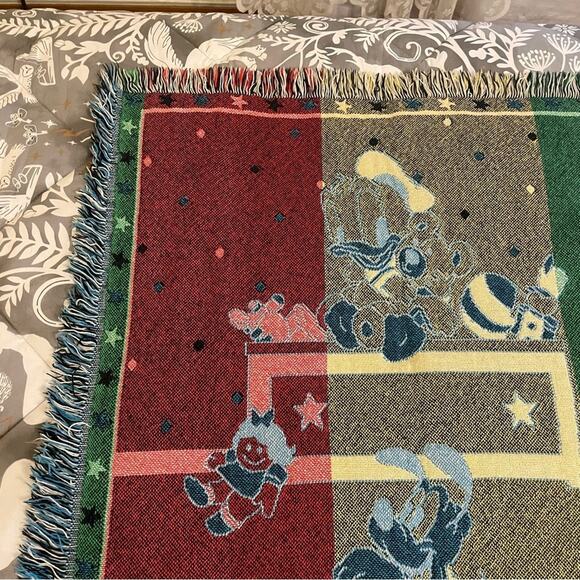 90s Vintage 45” x 53” Disney baby blanket fringe blue white Mickey Mouse toys - Picture 7 of 10